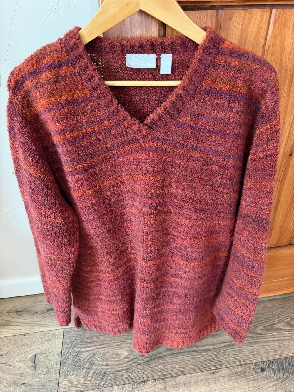 Nordstrom Red Burgundy Multi Stripe Textured V-Neck Sweater Plus Size 2X EUC